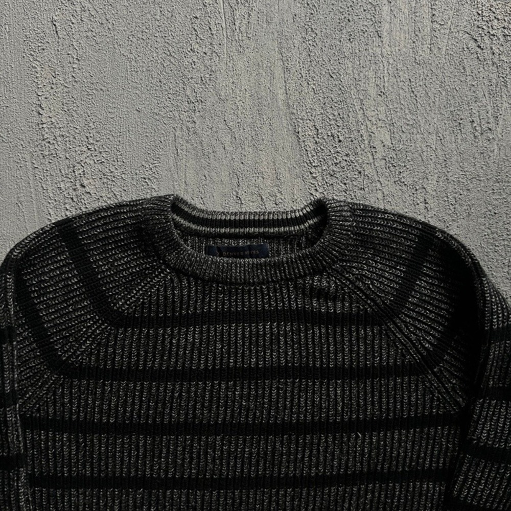 Vintage Denver Hayes Sweater Large Black 2000s Y2K Striped Ribbed Knit Crewneck - Picture 2 of 8